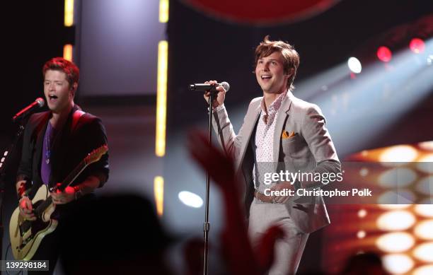 Musicians Nash Overstreet and Ryan Follese of Hot Chelle Rae perform onstage during the 2012 Cartoon Network Hall of Game Awards at Barker Hangar on...