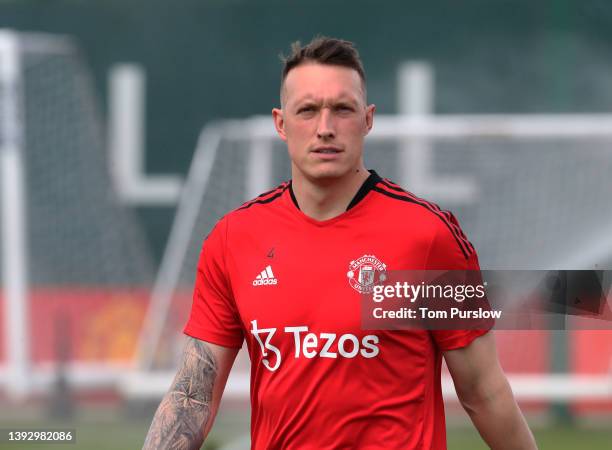 Phil Jones of Manchester United in action during a first team training session at Carrington Training Ground on April 22, 2022 in Manchester, England.