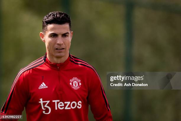 Cristiano Ronaldo of Manchester United in action during a first team training session at Carrington Training Ground on April 22, 2022 in Manchester,...