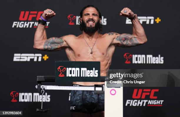 Clay Guida poses on the scale during the UFC weigh-in at UFC APEX on April 22, 2022 in Las Vegas, Nevada.