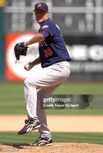 Joe Nathan of the Minnesota Twins pitches against the Oakland Athletics during a Major League Baseball game on August 14, 2005 at the Oakland-Alameda...