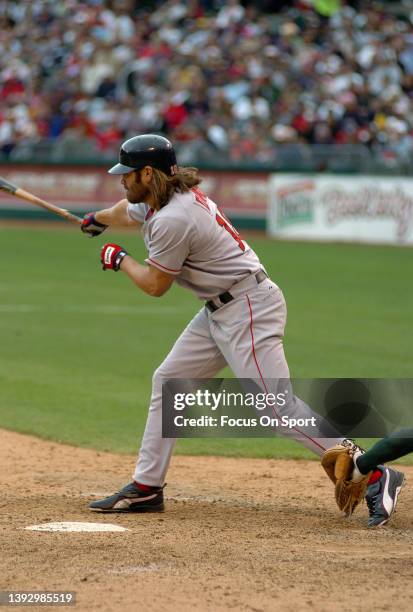 Johnny Damon of the Boston Red Sox bats against the Oakland Athletics during a Major League Baseball game on May 18, 2005 at the Oakland-Alameda...