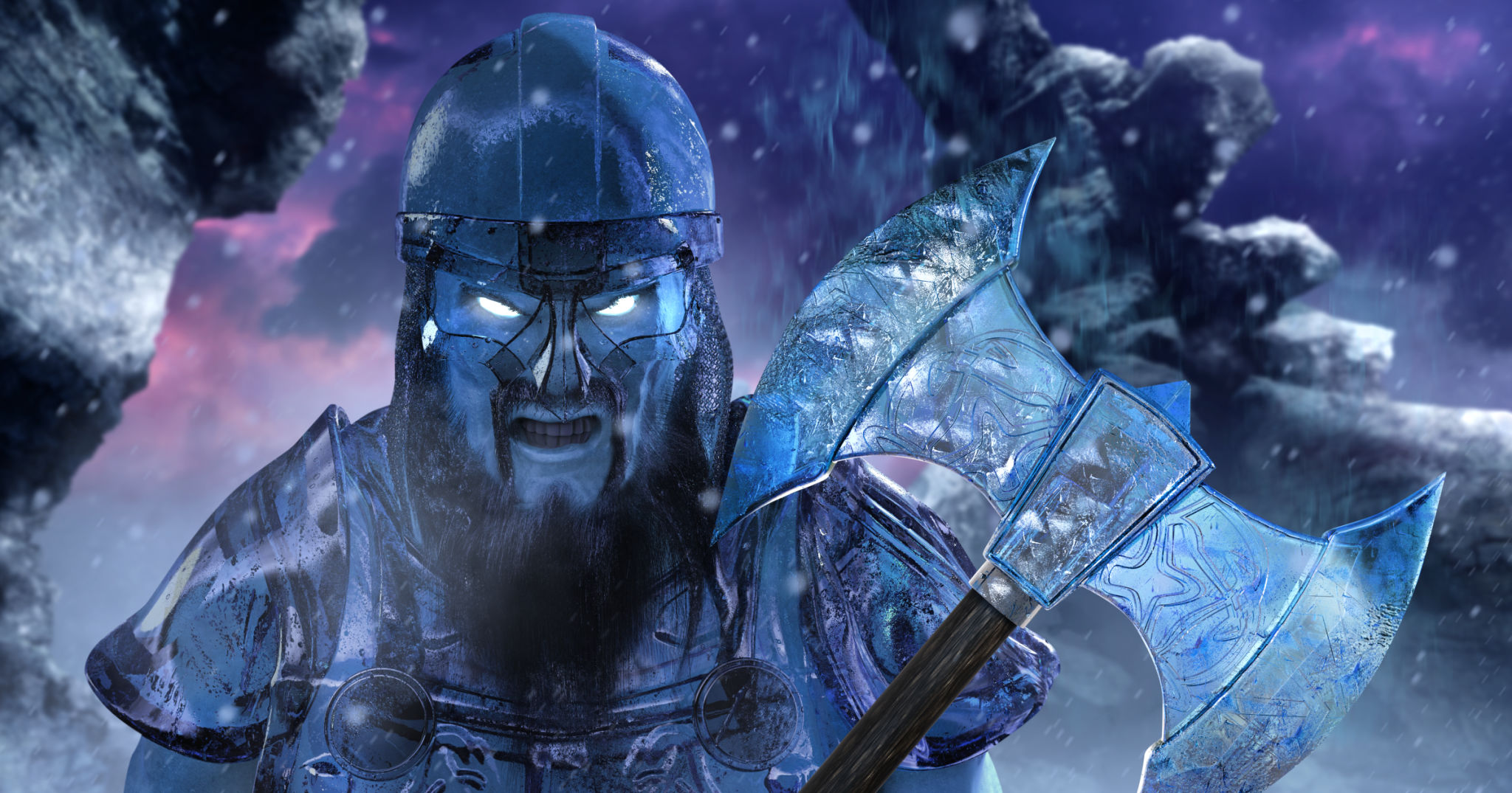 3d render illustration of ice viking demigod with axe. 3d render illustration of ice viking demigod with axe.