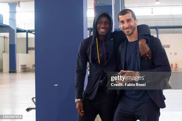 Roma players Amadou Diawara and Henrikh Mkhitaryan travel to Milan on April 22, 2022 in Milan, Italy.