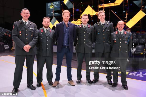 Prince Harry, Duke of Sussex poses with Military Service Members during day seven of the Invictus Games The Hague 2020 at Zuiderpark on April 22,...