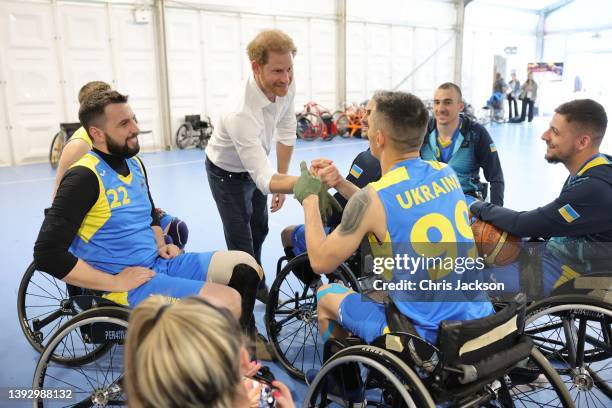 Prince Harry, Duke of Sussex meets with the Wheelchair Basketball Team Ukraine during day six of the Invictus Games The Hague 2020 at Zuiderpark on...