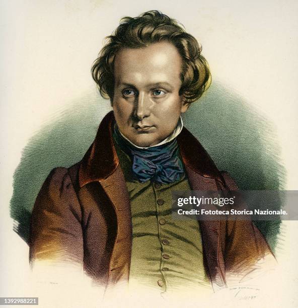 Victor Hugo French poet and novelist, young portrait. Youth portrait made by Maurir. Lithograph, France, Paris approx. 1826.