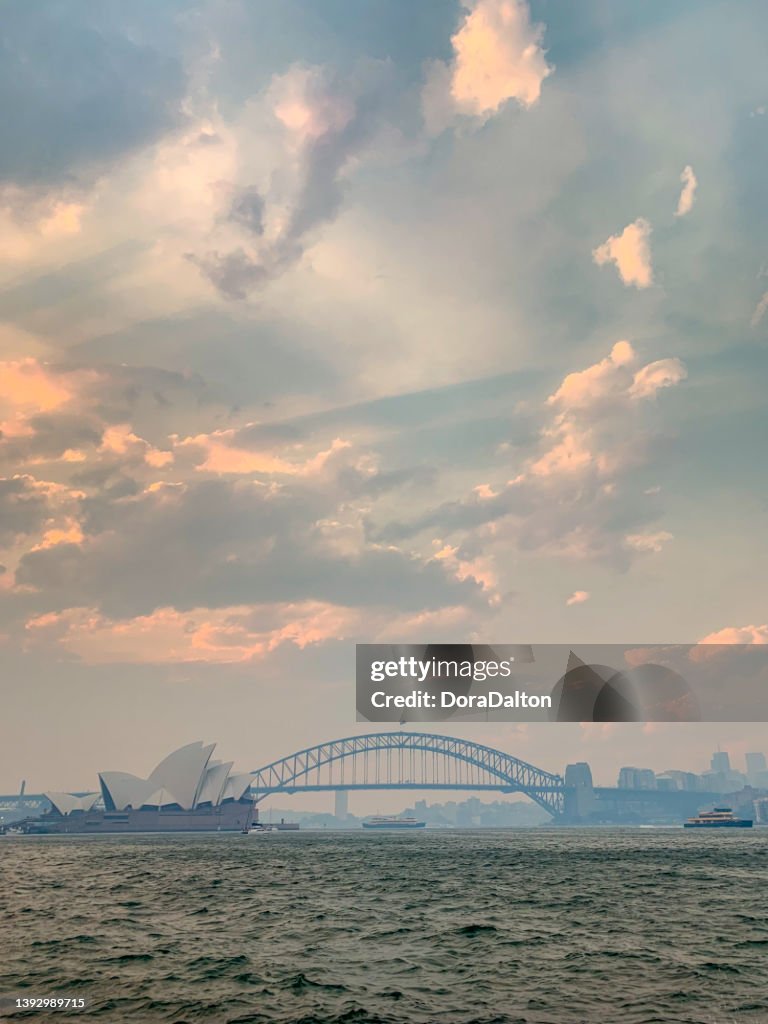 East Circular Quay, Harbor Bridge view at dusk in Sydney, Australia