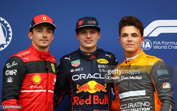 Pole position qualifier Max Verstappen of the Netherlands and Oracle Red Bull Racing , Second placed qualifier Charles Leclerc of Monaco and Ferrari...