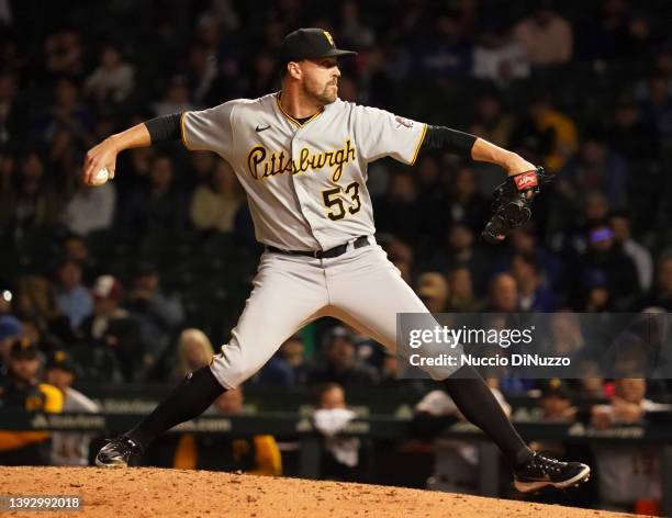 Heath Hembree of the Pittsburgh Pirates throws a pitch against the Chicago Cubs at Wrigley Field on April 21, 2022 in Chicago, Illinois.