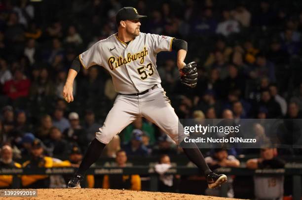 Heath Hembree of the Pittsburgh Pirates throws a pitch against the Chicago Cubs at Wrigley Field on April 21, 2022 in Chicago, Illinois.