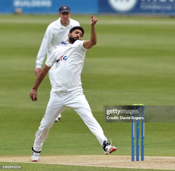 Haris Rauf of Yorkshire bowls during the LV= Insurance County Championship match between Northamptonshire and Yorkshire at The County Ground on April...