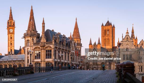 large panorama, sunset, sint-michielsbrug, sint-niklaaskerk, ghent, belgium - st nicholas church stock pictures, royalty-free photos & images