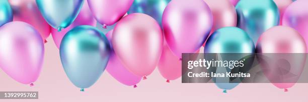 shiny pink and blue balloons. beautiful 3d greeting banner. - birthday balloons photos et images de collection