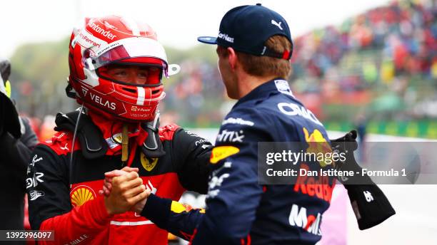 Pole position qualifier Max Verstappen of the Netherlands and Oracle Red Bull Racing and Second placed qualifier Charles Leclerc of Monaco and...