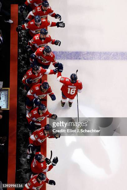 Aleksander Barkov of the Florida Panthers celebrates his goal with teammates against the Detroit Red Wings at the FLA Live Arena on April 21, 2022 in...