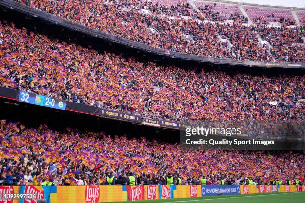 General view of inside the stadium during the UEFA Women's Champions League Semi Final First Leg match between FC Barcelona and VfL Wolfsburg at Camp...