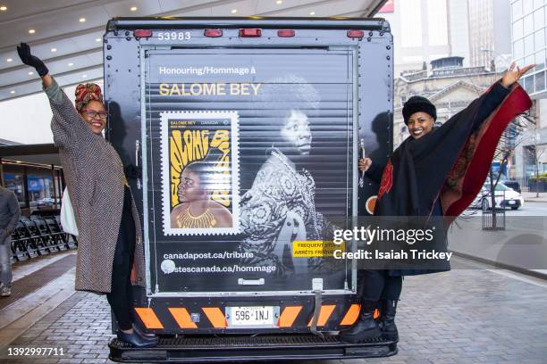 TUkU and SATE attend the unveiling of a Canada Post stamp featuring their mother, Jazz and blues icon, Salome Bey at Meridian Hall on April 21, 2022...