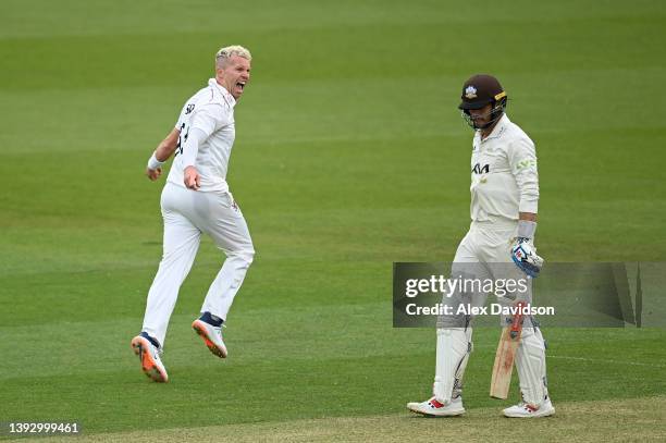 Peter Siddle of Somerset celebrates taking the wicket of Ben Foakes of Surrey during Day Two of the LV= Insurance County Championship match between...