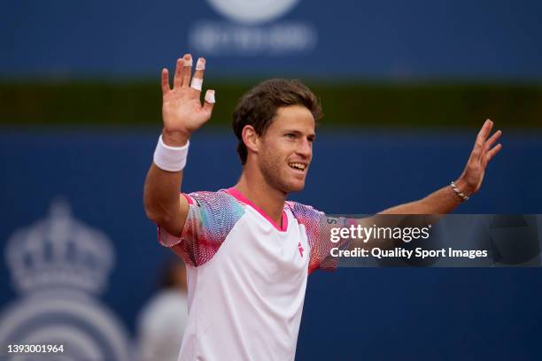 Diego Shwartzman of Argentina celebrates his win over against Felix Auger-Aliassime of Canada during day five of the Barcelona Open Banc Sabadell at...