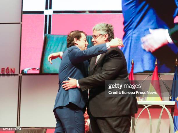 The award-winning writer, Juan Manuel de Prada , receives his medal from the president of the Junta de Castilla y Leon, Alfonso Fernandez Mañueco,...