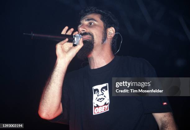 Serj Tankian of System of a Down performs during the "Pledge of Allegiance" tour at Cox Arena on September 30, 2001 in San Diego, California.