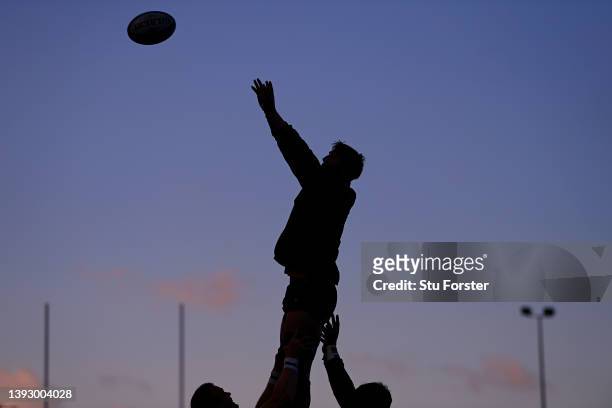 Falcons player Sean Robinson takes a lineout during the warm up prior to the Gallagher Premiership Rugby match between Newcastle Falcons and London...