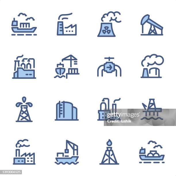 ilustraciones, imágenes clip art, dibujos animados e iconos de stock de industria - iconos de línea azul pixel perfect - torre perforadora