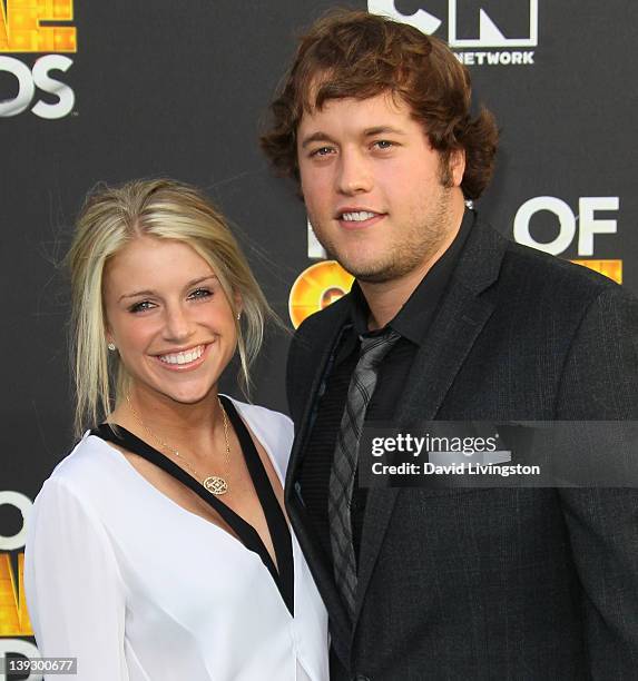Player Matthew Stafford and Kelly Hall attend the 2nd Annual Cartoon Network Hall of Game Awards at Barker Hangar on February 18, 2012 in Santa...