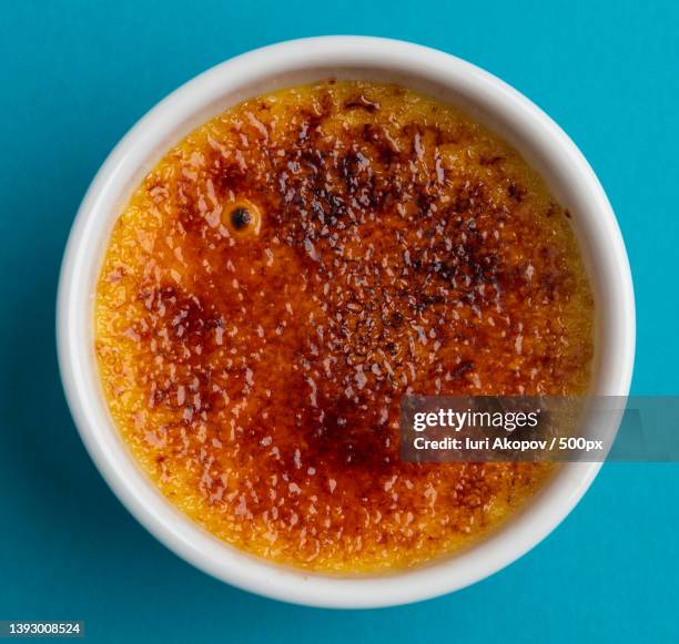 directly above shot of food in bowl on table - creme brulee stock pictures, royalty-free photos & images