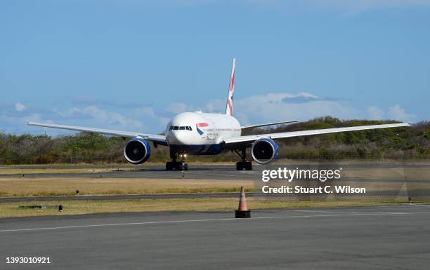 The British Airways plane with Prince Edward, Earl of Wessex and Sophie, Countess of Wessex lands on day one of their Platinum Jubilee Royal Tour of...