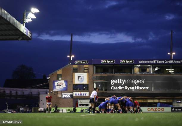 General view as France and Wales contend at a scrum during the TikTok Women's Six Nations match between Wales and France at Cardiff Arms Park on...