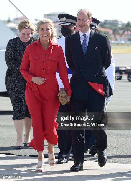 Sophie, Countess of Wessex and Prince Edward, Earl of Wessex smile as they arrive on day one of their Platinum Jubilee Royal Tour of the Caribbean at...