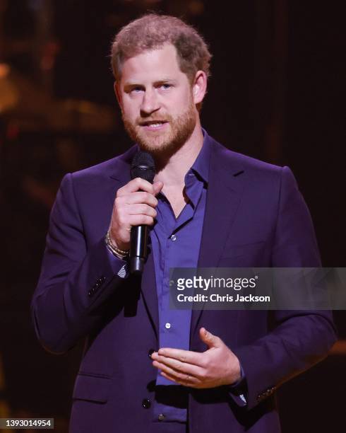 Prince Harry, Duke of Sussex speaks on stage during the Invictus Games The Hague 2020 Closing Ceremony at Zuiderpark on April 22, 2022 in The Hague,...