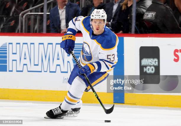 Jeff Skinner of the Buffalo Sabres takes the puck during the first period against the New Jersey Devils at Prudential Center on April 21, 2022 in...