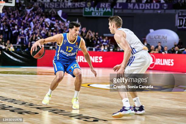 John Dibartolomeo of Maccabi Playtika Tel Aviv in action during the Turkish Airlines EuroLeague Play Off Game 2 match between Real Madrid and Maccabi...