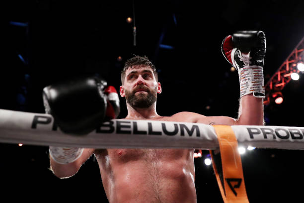 Rocky Fielding celebrates victory in the Middleweight Contest fight between Rocky Fielding and Timo Laine at M&S Bank Arena on April 22, 2022 in...