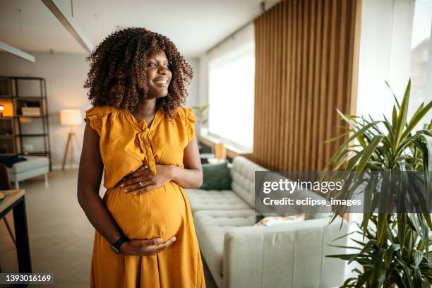 beautiful woman in pregnant at home - pregnant belly stockfoto's en -beelden