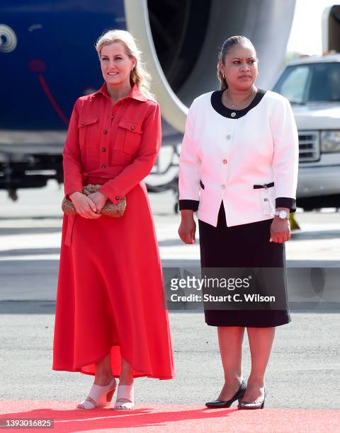 Sophie, Countess of Wessex arrives on day one of the Platinum Jubilee Royal Tour of the Caribbean with Prince Edward, Earl of Wessex at Hewanorra...
