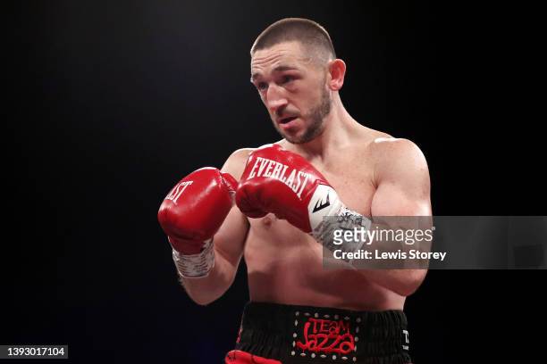 James Dickens looks on during the Featherweight Contest fight between James Dickens and Andoni Gago at M&S Bank Arena on April 22, 2022 in Liverpool,...