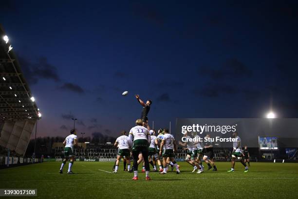 General view of Kingston Park as Falcons player Sean Robinson takes a lineout ball during the Gallagher Premiership Rugby match between Newcastle...