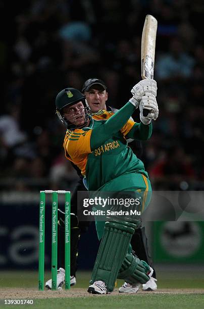 Richard Levi of South Africa hits a six during the International Twenty20 match between New Zealand and South Africa at Seddon Park on February 19,...