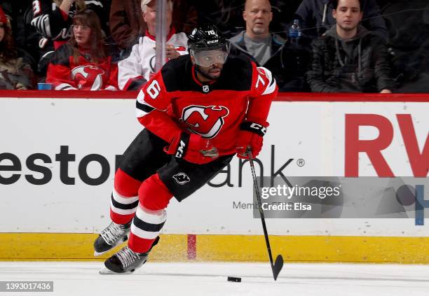 Subban of the New Jersey Devils takes the puck during the second period against the Buffalo Sabres at Prudential Center on April 21, 2022 in Newark,...