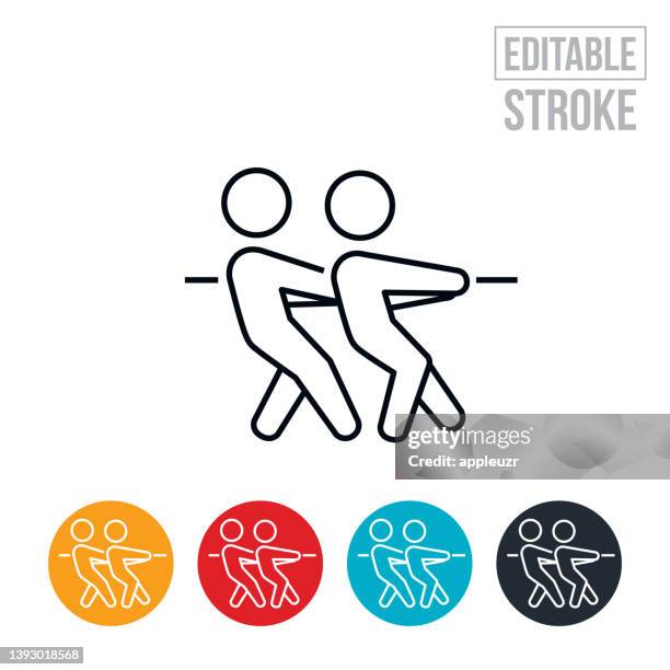 children competing in a tug of war thin line icon - editable stroke - pulling stock illustrations