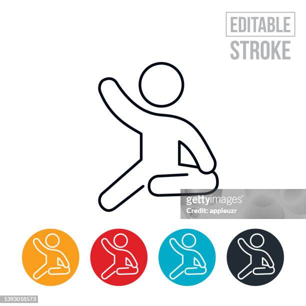 child stretching thin line icon - editable stroke - waving icon stock illustrations