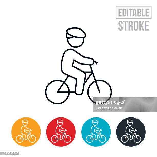 child riding a bike thin line icon - editable stroke - kids bike helmet clip art stock illustrations