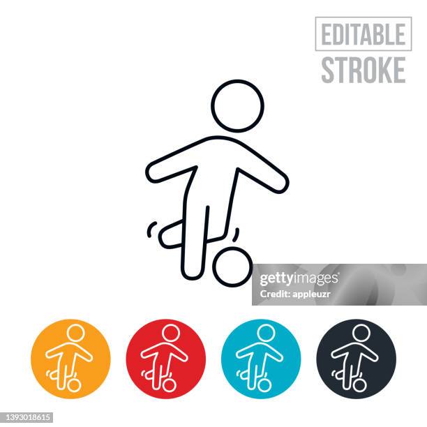child playing soccer thin line icon - editable stroke - kick line stock illustrations