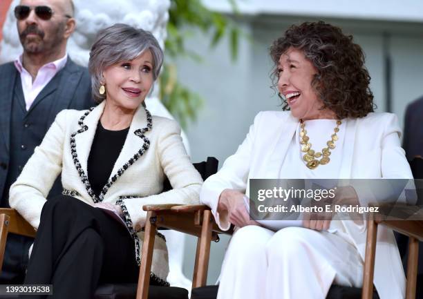 Jane Fonda and Lily Tomlin attend TCM Honors Actress Lily Tomlin With Hand And Footprint Ceremony at TCL Chinese Theatre on April 22, 2022 in...