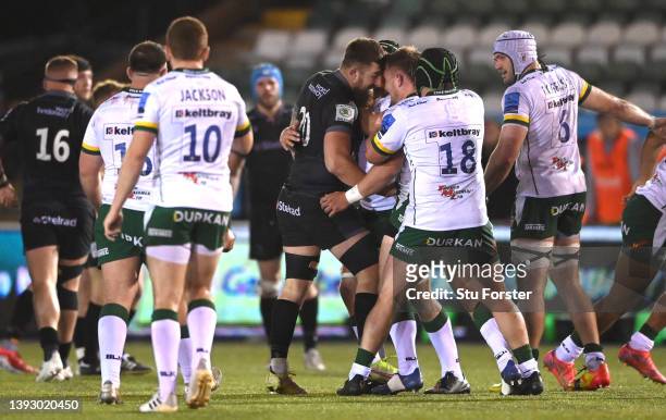 Falcons player Gary Graham goes head to head with London Irish player Facundo Gigena resulting in both players being sent off during the Gallagher...