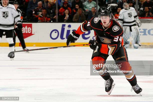 Jamie Drysdale of the Anaheim Ducks skates during the game against the Los Angeles Kings at Honda Center on April 19, 2022 in Anaheim, California.